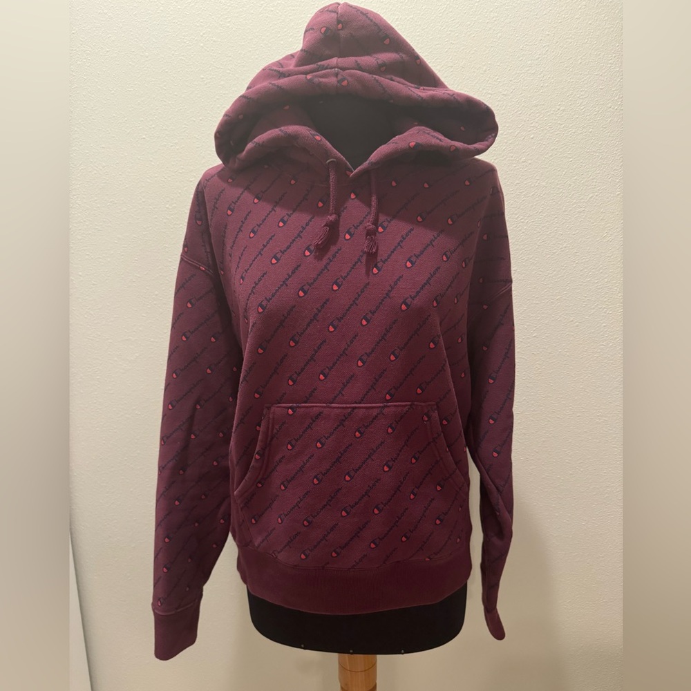 Champion All Over Script Hoodie Maroon Size Medium - image 1